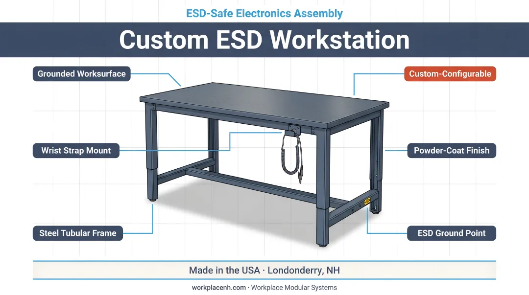 Custom ESD workstation with grounded worksurface wrist strap mount and steel frame