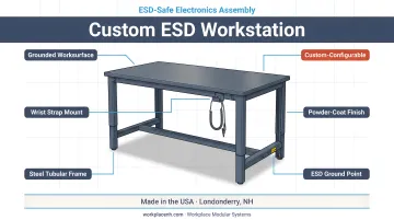 Custom ESD workstation with grounded worksurface wrist strap mount and steel frame