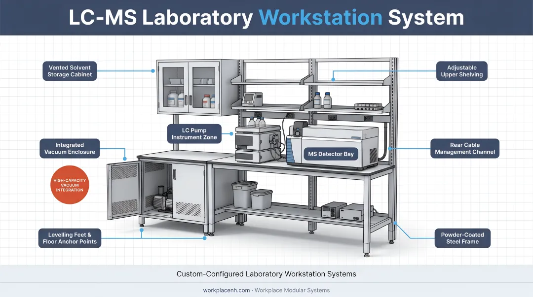 LC-MS laboratory workstation with integrated vacuum enclosure solvent storage and instrument setup