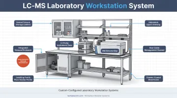 LC-MS laboratory workstation with integrated vacuum enclosure solvent storage and instrument setup