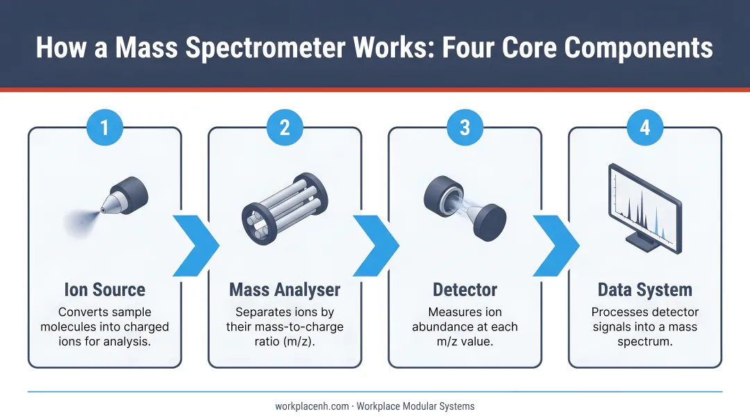 Four core mass spectrometer components process flow diagram ion source to data system