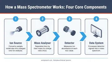Four core mass spectrometer components process flow diagram ion source to data system