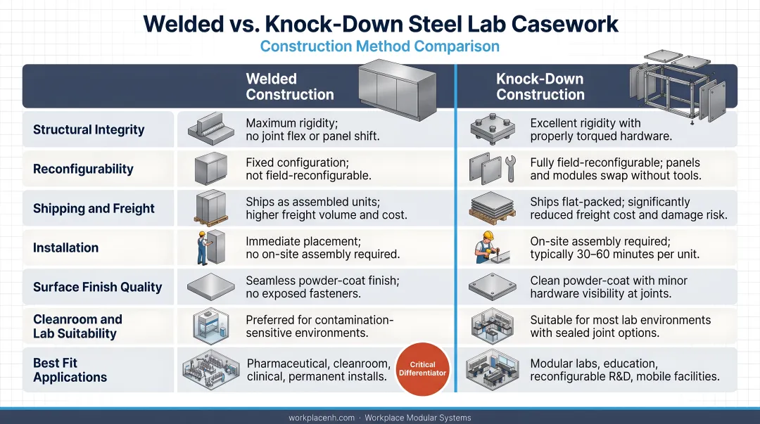 Welded versus knock-down steel lab casework construction method comparison infographic