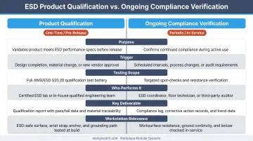 ESD product qualification versus ongoing compliance verification process comparison chart