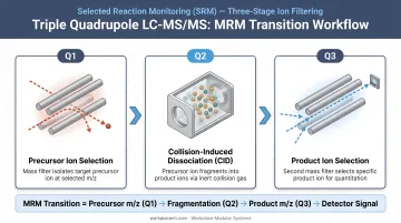 Triple quadrupole LC-MS/MS three-stage MRM transition workflow Q1 Q2 Q3