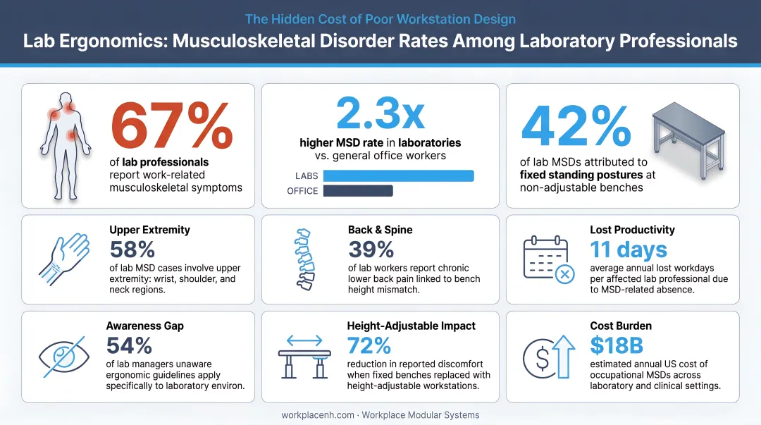 Laboratory ergonomics statistics showing musculoskeletal disorder rates among lab professionals