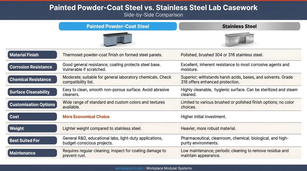 Painted powder-coat steel versus stainless steel lab casework side-by-side comparison chart