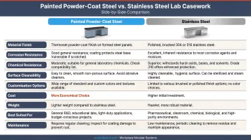 Painted powder-coat steel versus stainless steel lab casework side-by-side comparison chart