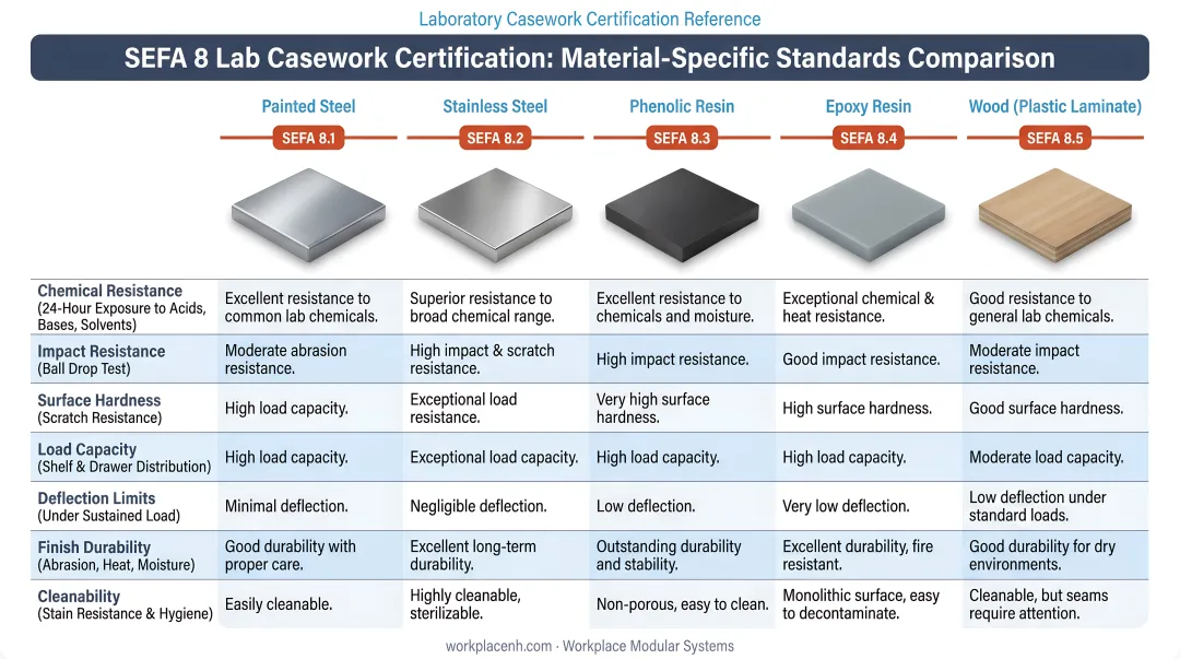 SEFA 8 lab casework certification five material-specific standards comparison chart