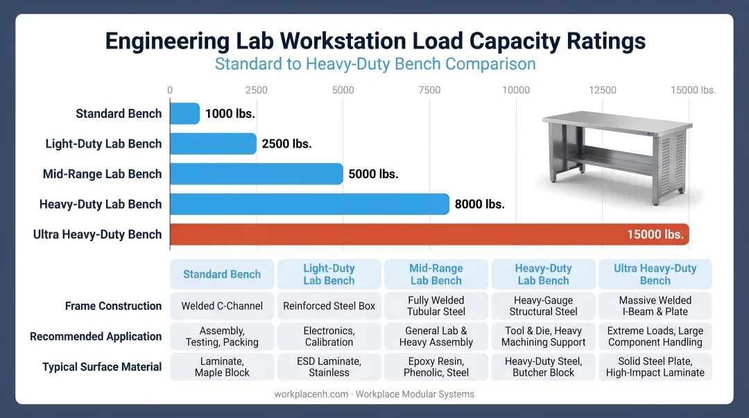 Engineering lab workstation load capacity ratings comparison from standard to heavy-duty benches