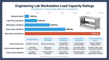 Engineering lab workstation load capacity ratings comparison from standard to heavy-duty benches