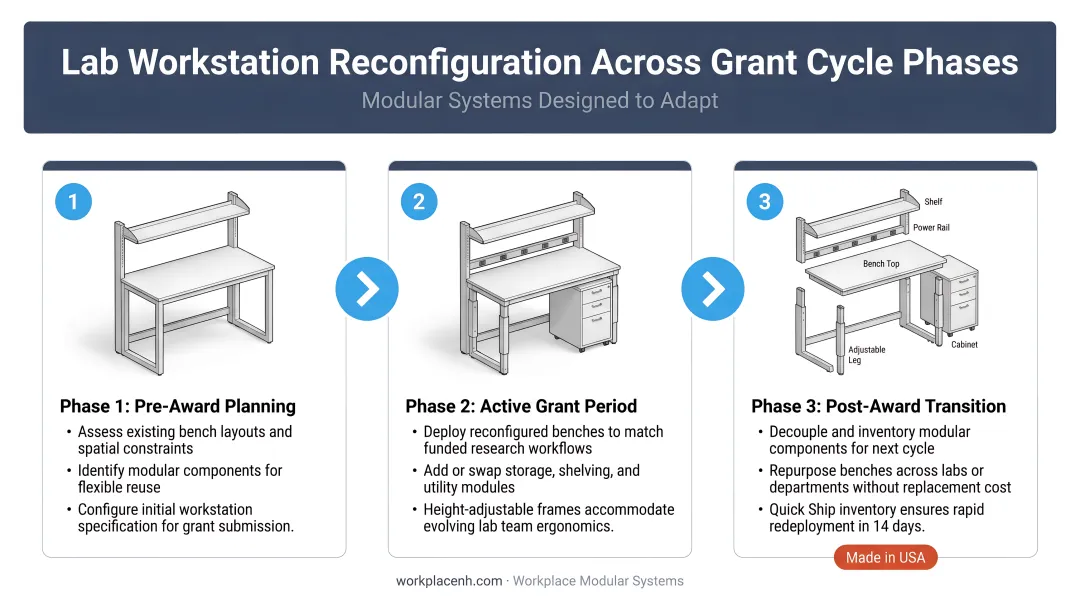 Modular lab workstation reconfiguration process across three grant cycle phases
