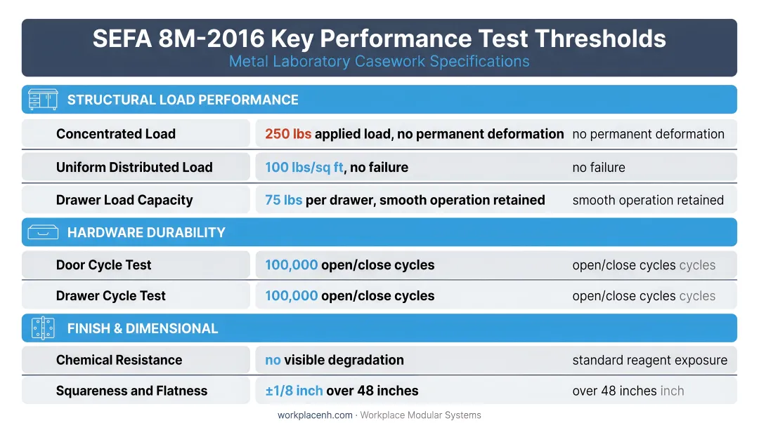 SEFA 8M-2016 key performance test thresholds for metal laboratory casework specifications