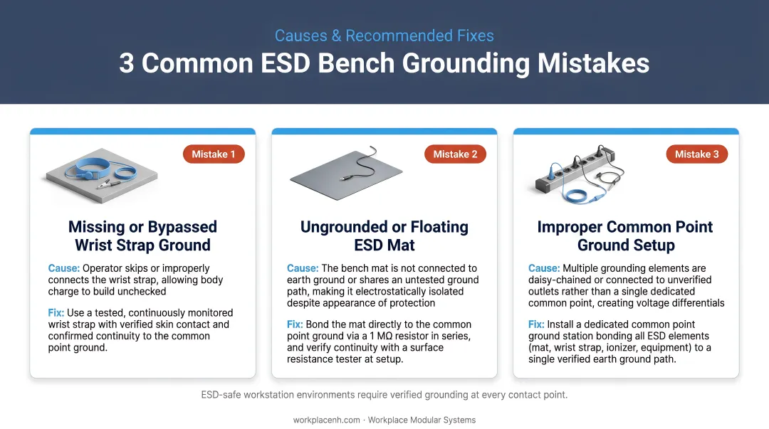 Three most common ESD bench grounding mistakes causes and recommended fixes