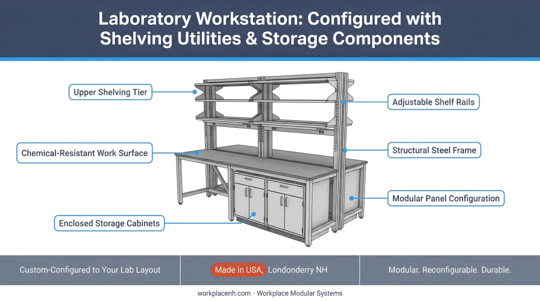 Workplace Modular Systems laboratory workstation configured with shelving utilities and storage components