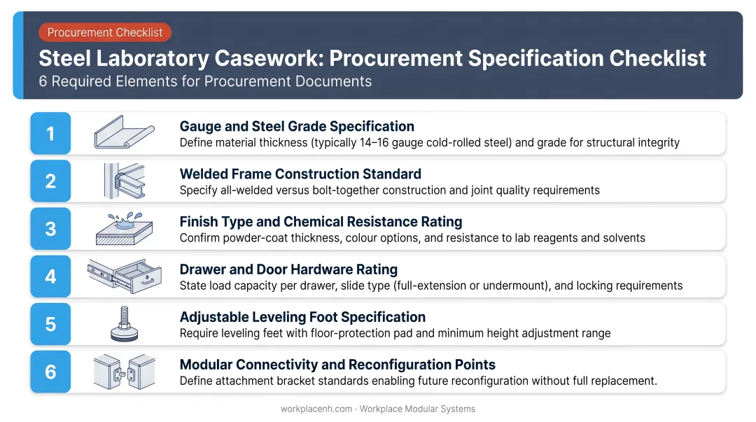 Complete steel laboratory casework specification checklist six required elements for procurement documents