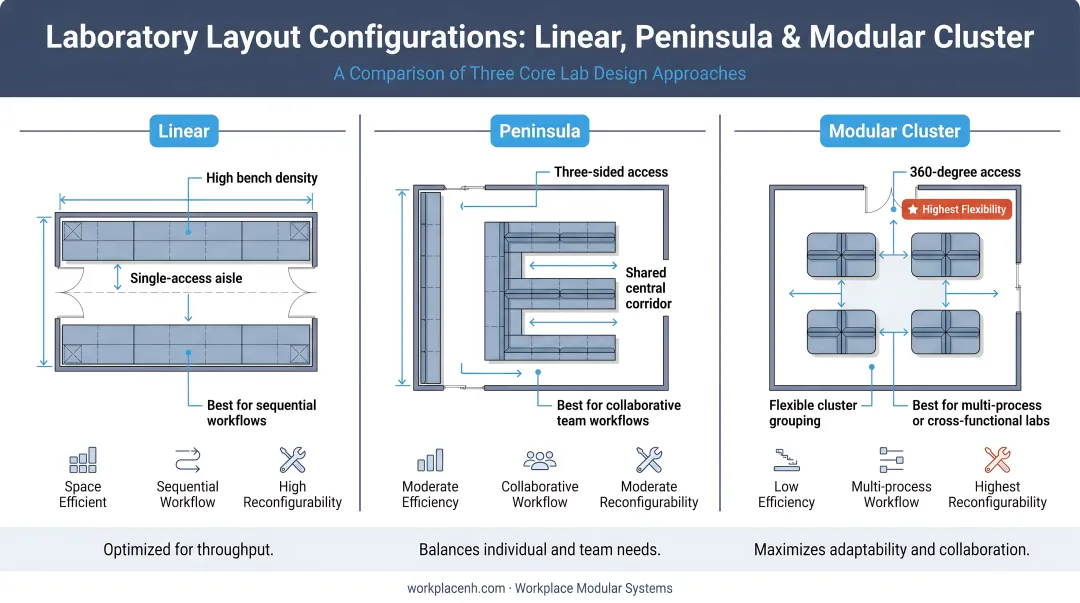 Three laboratory layout configurations linear peninsula and modular cluster comparison diagram
