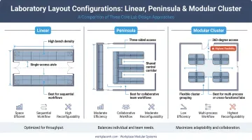 Three laboratory layout configurations linear peninsula and modular cluster comparison diagram