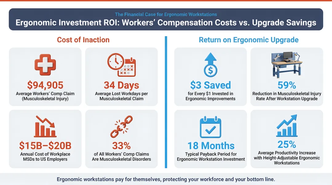 Ergonomic investment ROI comparison showing workers compensation costs versus upgrade savings