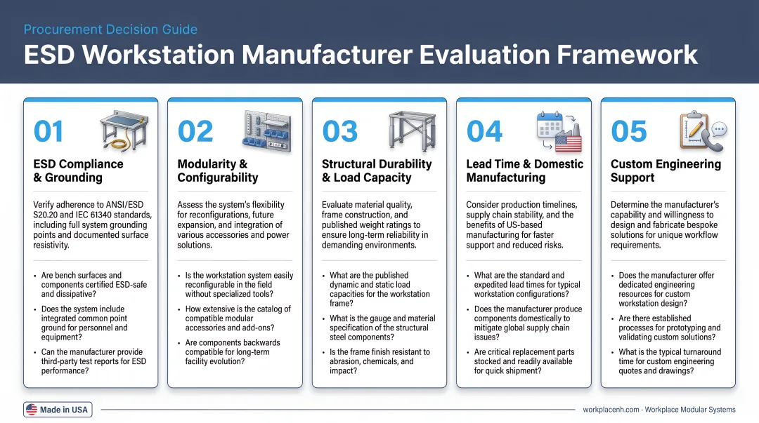 5-criteria ESD workstation manufacturer evaluation framework infographic for procurement decisions