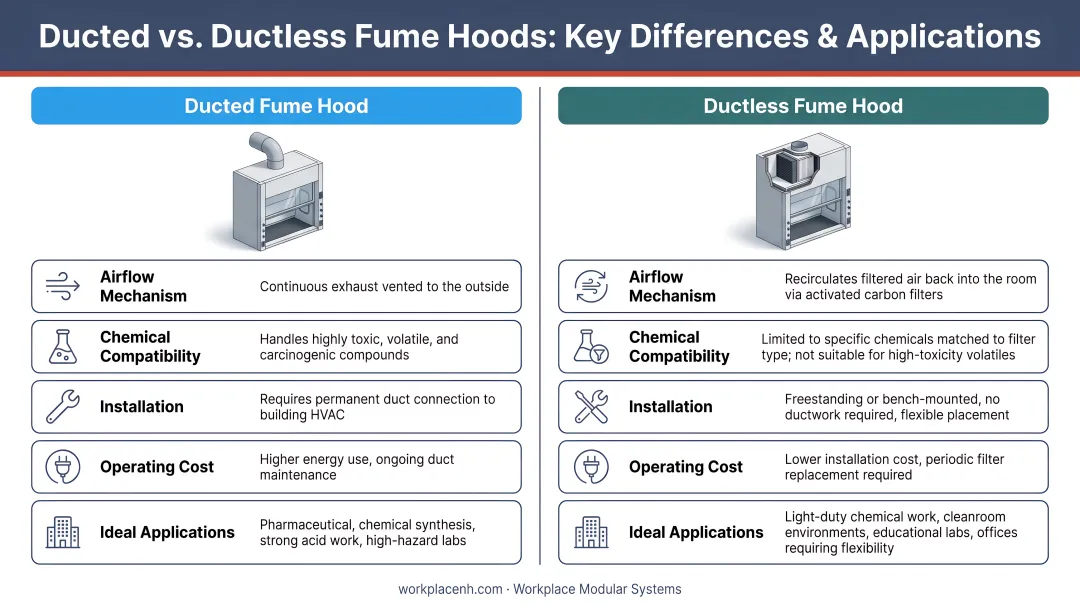 Ducted versus ductless fume hood comparison infographic key differences and applications