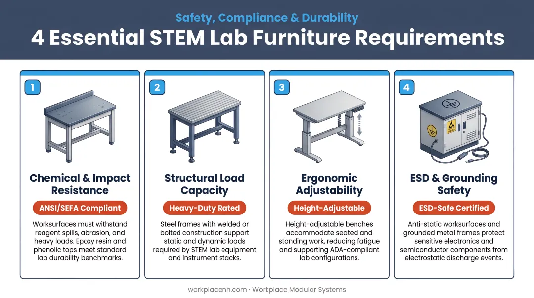 Four essential STEM lab furniture requirements safety compliance and durability infographic