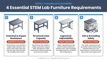 Four essential STEM lab furniture requirements safety compliance and durability infographic