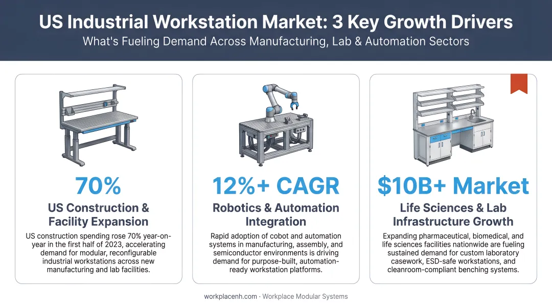 Three key US industrial workstation market growth drivers with statistics infographic