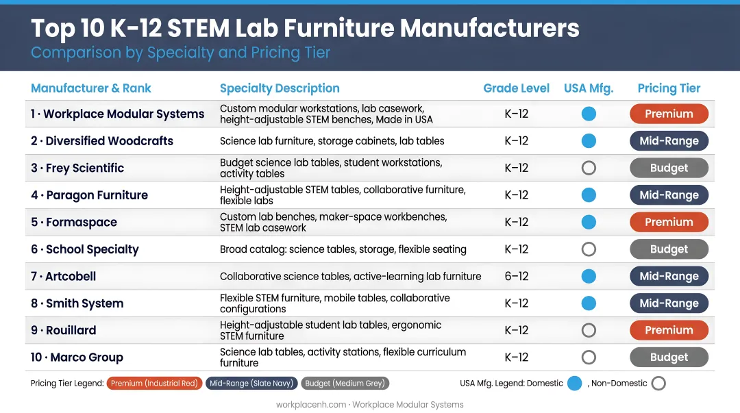 Top 10 K-12 STEM lab furniture manufacturers comparison by specialty and pricing tier