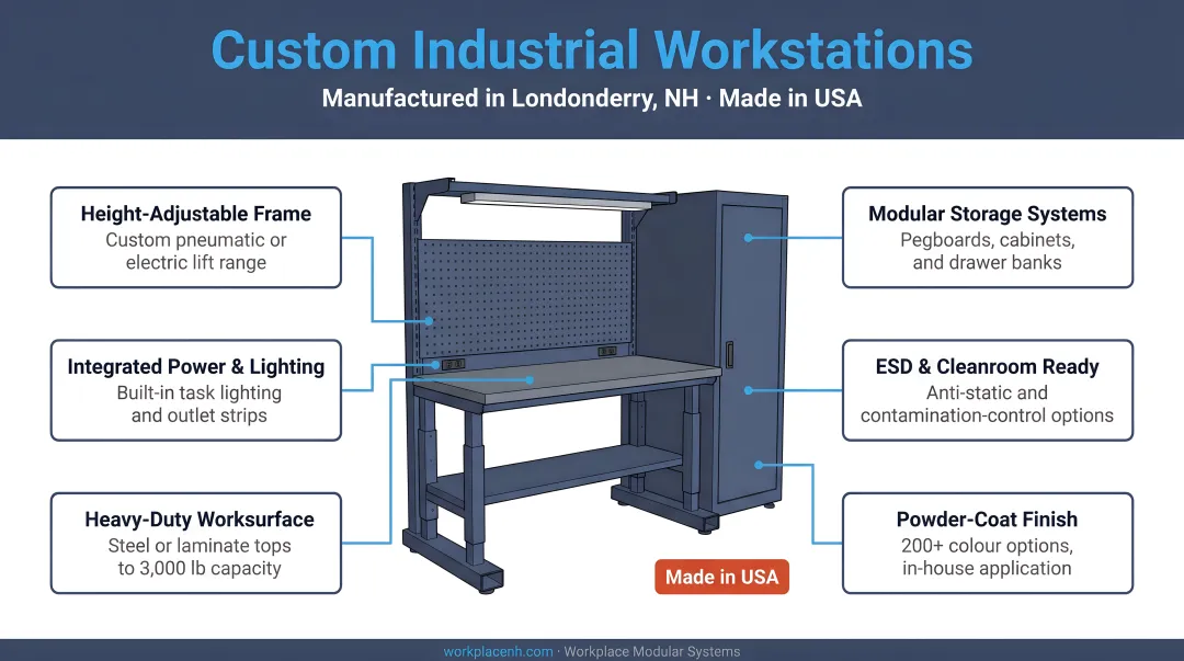 Workplace Modular Systems custom industrial workstation inside Londonderry NH manufacturing facility