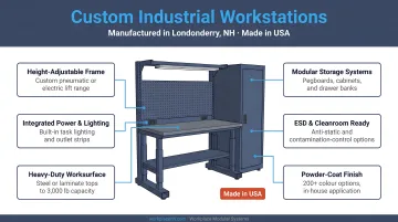 Workplace Modular Systems custom industrial workstation inside Londonderry NH manufacturing facility