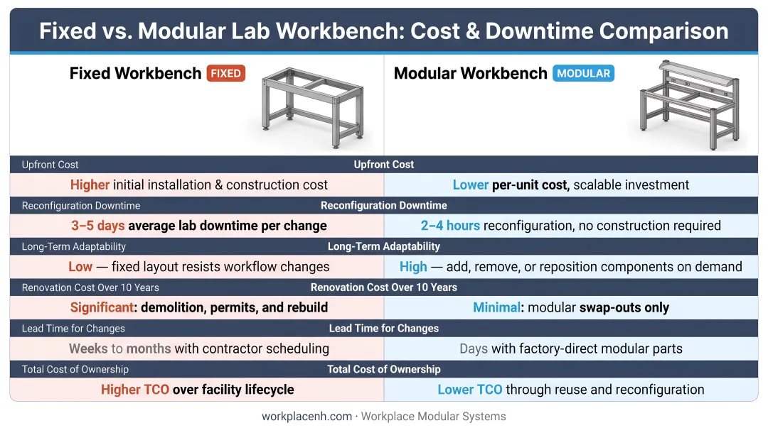 Fixed versus modular lab workbench cost and downtime comparison infographic