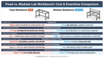 Fixed versus modular lab workbench cost and downtime comparison infographic