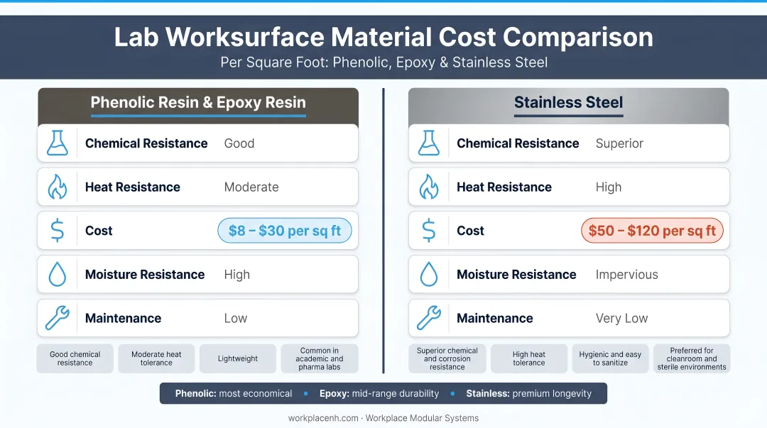 Lab worksurface material cost comparison phenolic epoxy and stainless steel per square foot