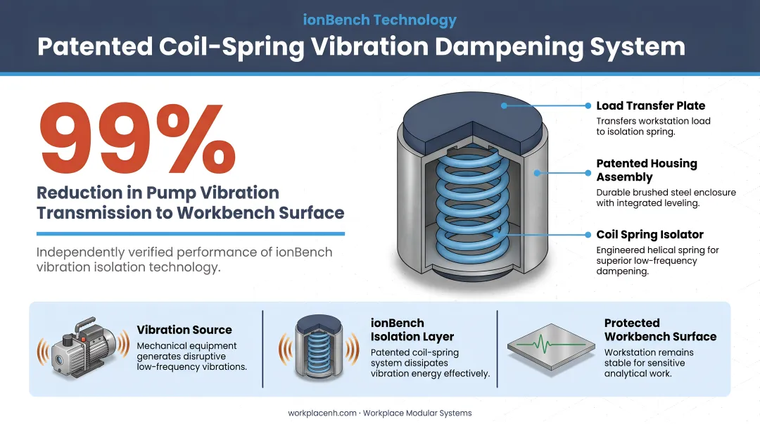ionBench patented coil-spring vibration dampening system reducing pump transmission 99 percent