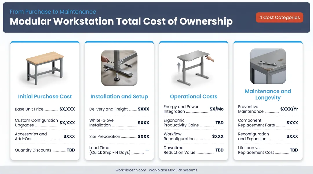 Four-category modular workstation total cost breakdown from purchase to maintenance