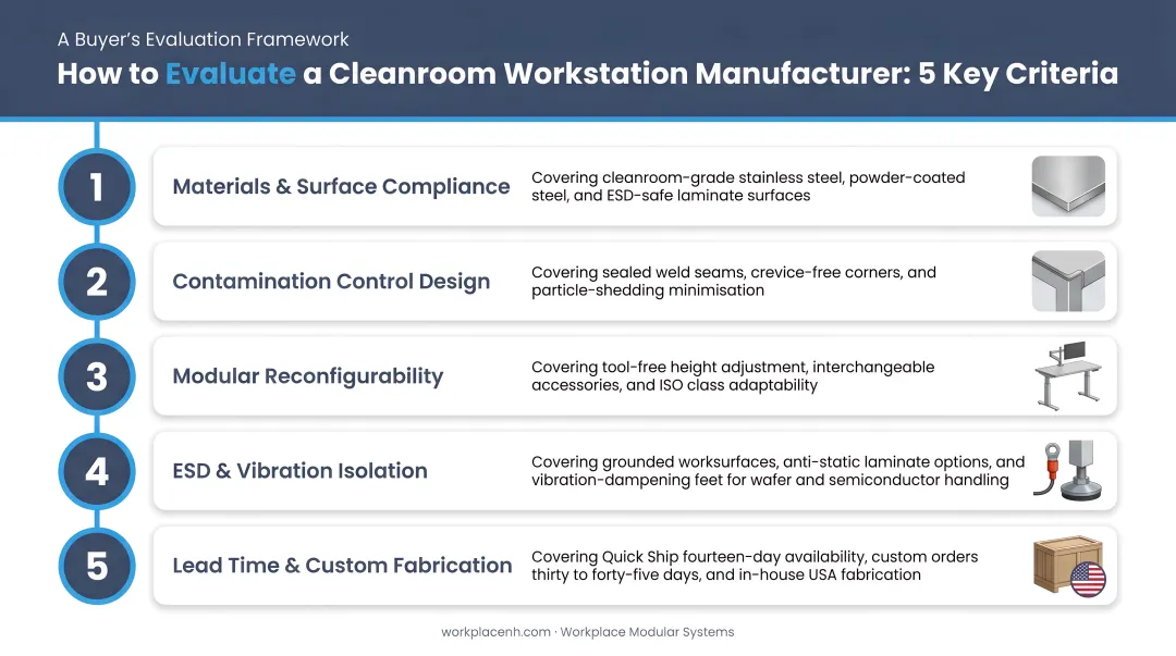 Five-criteria cleanroom workstation manufacturer evaluation framework process infographic