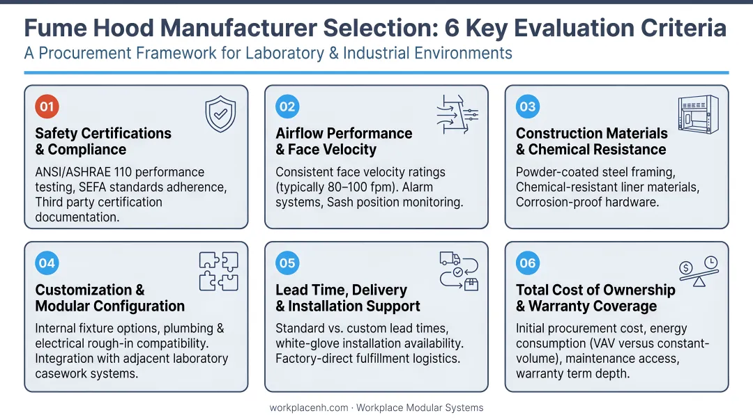 6-factor fume hood manufacturer selection criteria evaluation framework infographic