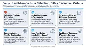6-factor fume hood manufacturer selection criteria evaluation framework infographic