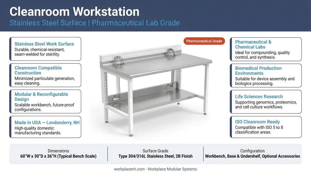 Workplace Modular Systems cleanroom workstation with stainless steel surface in pharmaceutical lab