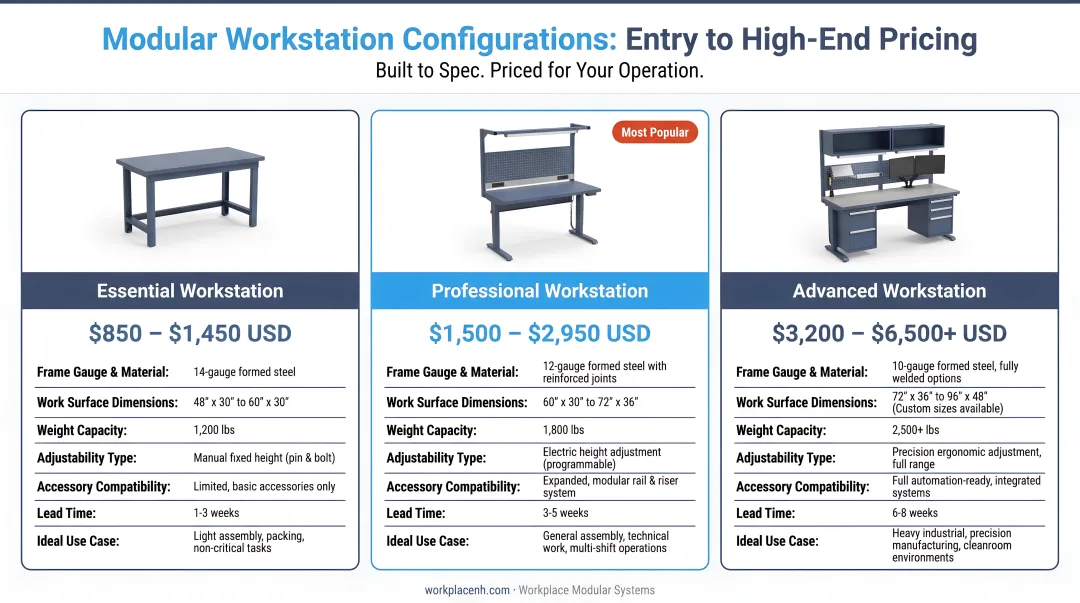 Three-tier modular workstation pricing comparison from entry to high-end configurations