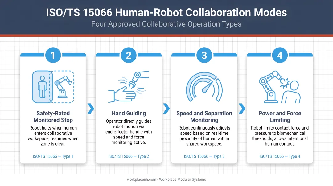Four ISO/TS 15066 human-robot collaboration modes process flow diagram