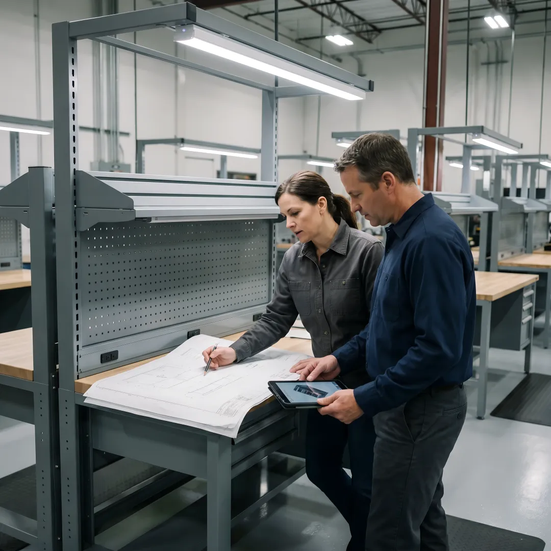 Engineers reviewing custom workstation drawings