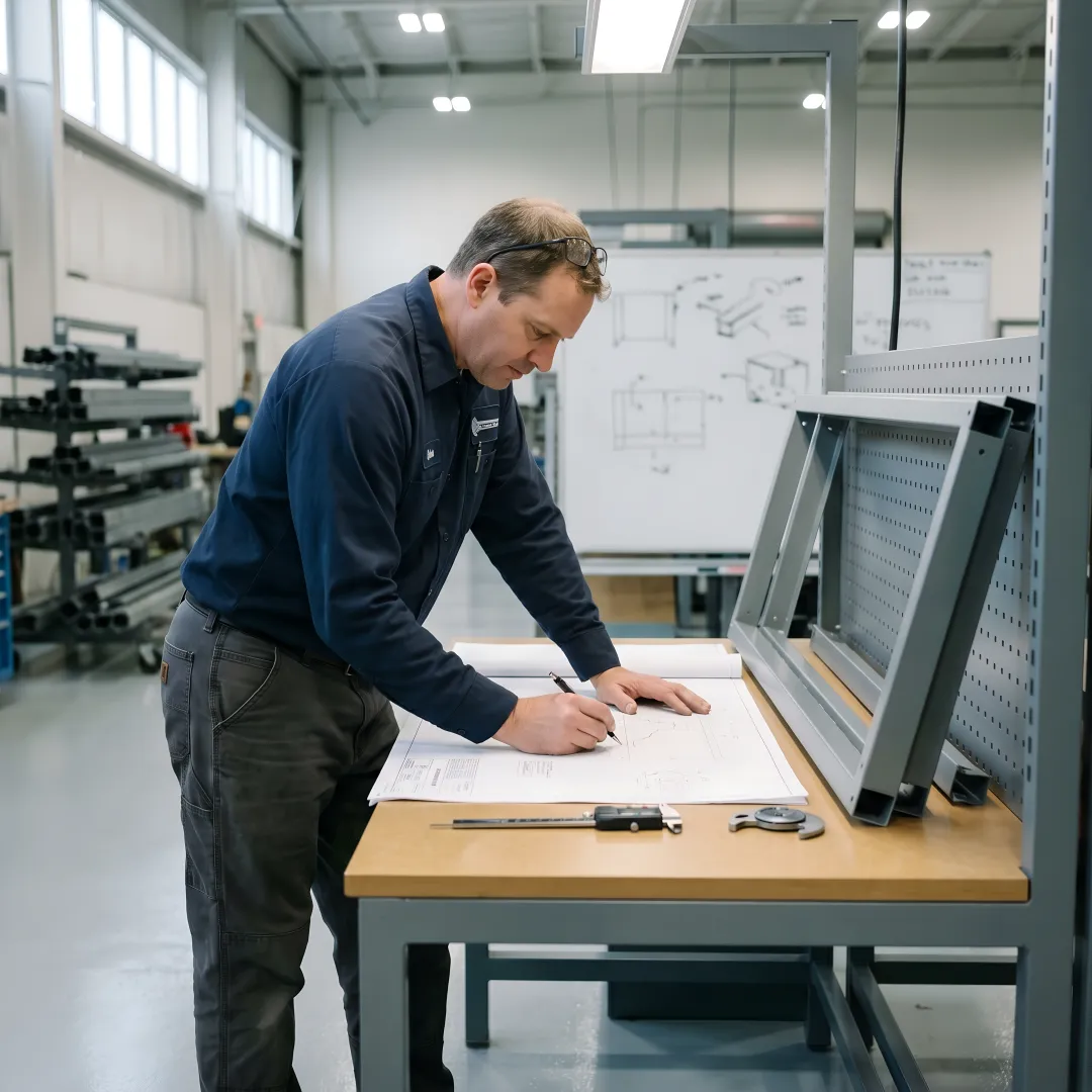 Engineer reviewing custom workbench plans