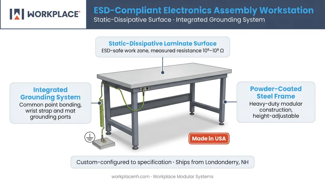 ESD-compliant electronics assembly workstation with static-dissipative laminate surface and grounding