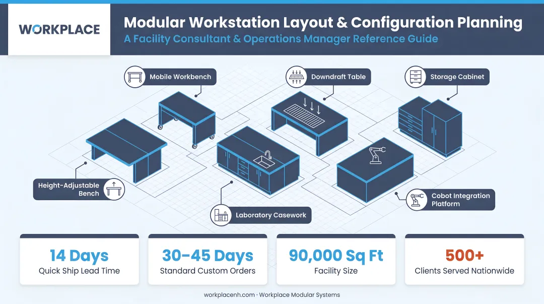 Facility consultant and operations manager reviewing modular workstation layout and configuration plans