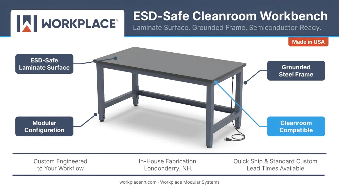 ESD-safe cleanroom workbench with laminate surface and grounded frame in semiconductor facility
