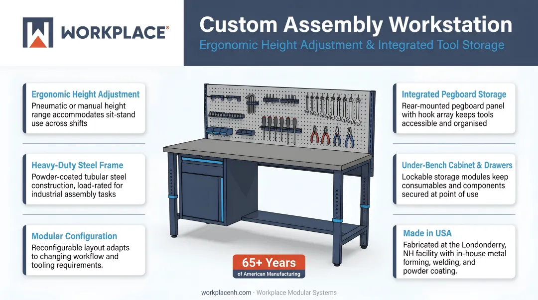 Workplace Modular Systems custom assembly workstation with ergonomic height adjustment and tool storage