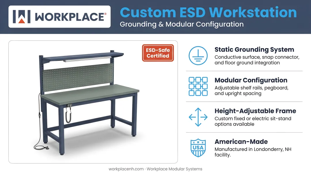 Workplace Modular Systems custom ESD workstation with grounding and modular configuration