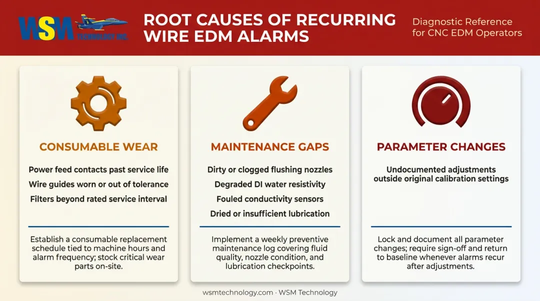 Three root causes of recurring Wire EDM alarms consumables maintenance parameters